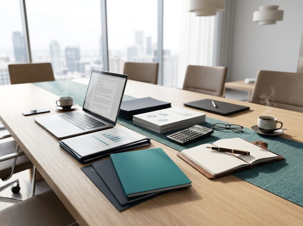Beratungstisch mit Unterlagen, Laptop und Kaffee
