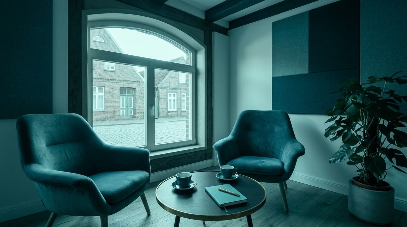 Gesprächsecke im Coworkingspace von GermanOffice247, Petrol-Duotone