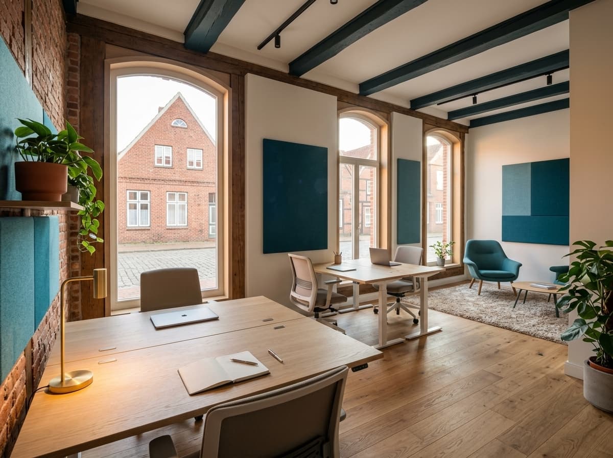 Heller Coworkingspace mit großen Fenstern in Penkun